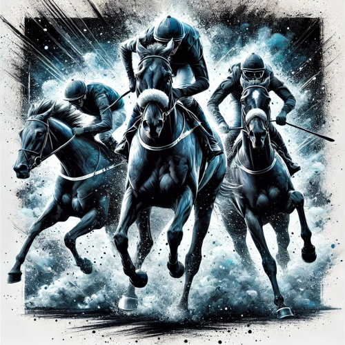 Trīs sacīk&scaron;u zirgi un žokeji kustībā, kas simbolizē sacensību trīs Baltijas valstu - Igaunijas, Latvijas un Lietuvas - starpā.