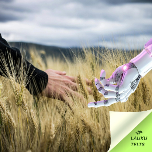 Labības lauks, kur sadodas cilvēka ar robota roku.