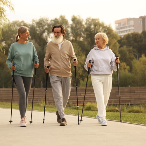 Trīs seniori &mdash; divas sievietes un viens vīrietis &mdash; smaidīgi nūjo parkā saulainā rītā, tērpu&scaron;ies ērtos sporta apģērbos, aktīvi un veselīgi pavadot laiku brīvā dabā.