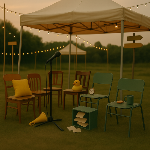 Āra festivāla telts saulrietā ar tuk&scaron;iem krēsliem, izvietotiem aplī. Uz katra krēsla novietots kāds simbolisks priek&scaron;mets, piemēram, dzeltena gumijas pīle, spilvens, modinātājpulkstenis un krūze. Vidū stāv mikrofons, zemē izmētātas papīra lapas pie neliela atvilktņu skapī&scaron;a. Fonā redzamas virtenes gaismiņas un norāžu zīmes, radot rotaļīgu un pārdomu pilnu noskaņu.