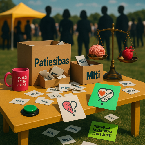 Āra galdiņ&scaron; ar kastēm &ldquo;Mīti&rdquo; un &ldquo;Patiesības&rdquo;, kurās ievietotas kartītes. Blakus svari ar smadzenēm un sirdi, rozā krūze ar uzrakstu &ldquo;Tas taču ir tikai stress&rdquo;, zaļa poga un zīme &ldquo;Nospied, ja nekad neesi juties slikti!&rdquo;. Fonā cilvēku silueti un dzeltena telts, radot viegli ironisku un pārdomu rosino&scaron;u noskaņu par mentālās veselības uztveri.