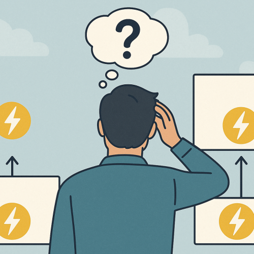 Zīmējums, cilvēks no mugurpuses, pie galvas pielicis roku, domu burbulī jautājuma zīme, cilvēkam priek&scaron;ā vairāki elektrības simboli.