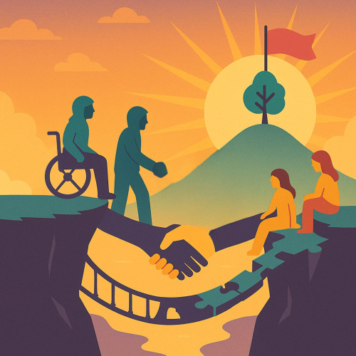 Stilizēts ilustratīvs attēls, kurā redzams cilvēka siluets, kas sāk &scaron;ķērsot &scaron;auru, piekaramu tiltu virs upes. Apkārt tiltam ir zaļi kalni un koku klāti pakalni, bet debesīs redzami viegli mākoņi. Attēlā dominē mierīgi, dabiski toņi