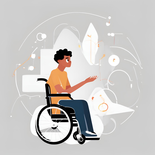 Stilizēta ilustrācija ar jaunu cilvēku ratiņkrēslā uz pelēka fona. Personai ir tum&scaron;i mati, oranžs krekls un zilas bikses. Apkārt redzami abstrakti balti un oranži grafiski elementi, kas pie&scaron;ķir attēlam dinamisku un vieglu noskaņu