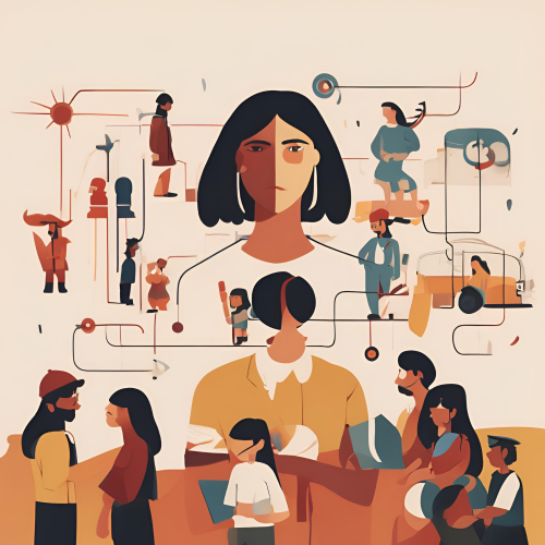 Stilizēta ilustrācija, kuras centrā attēlots nopietnas sejas jaunietes portrets, apkārt izvietotas dažādas ainas ar cilvēkiem ikdienas situācijās &mdash; sarunājoties, mācoties, strādājot. Attēlā izmantotas siltas, zemes toņu krāsas, un tas vizuāli sasaista dažādus dzīves ceļus un iespējas