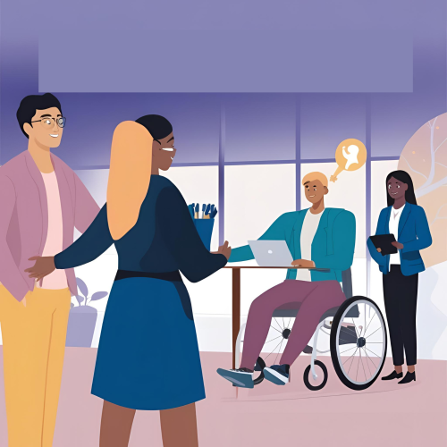 Stilizēta ilustrācija ar četriem jauniem cilvēkiem gai&scaron;ā, modernā biroja vidē. Viens no jaunie&scaron;iem sēž ratiņkrēslā pie galda ar portatīvo datoru, pārējie sarunājas un smaida. Fonā redzami logi un augi, radot atvērtu un iekļaujo&scaron;u atmosfēru