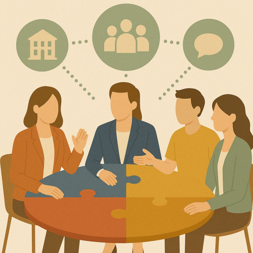 Četri cilvēki sēž ap apaļu galdu, kas veidots kā četras savienotas puzles daļas, simbolizējot sadarbību. Katrs dalībnieks pārstāv at&scaron;ķirīgu jomu. Virs galvas redzami trīs ikoniski simboli: ēka (iespējams &ndash; izglītība vai institūcija), cilvēku grupa (kopiena vai komanda), un runas burbulis (komunikācija).Attēls attēlo komandas sadarbību, kurā apvienojas dažādas kompetences un viedokļi, lai kopīgi risinātu jautājumus, kas saistīti ar sabiedrību, izglītību un komunikāciju.Ilustrācija simbolizē starpnozaru sadarbību &ndash; komunikācija, kopiena un institūciju pārstāvji sadarbojas, veidojot vienotu sistēmu, līdzīgi kā puzles daļas, kas kopā veido veselumu.