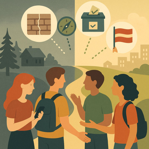 Četri jaunie&scaron;i stāv uz ceļa, kas ved no tum&scaron;as, drūmas lauku ainavas uz gai&scaron;u un attīstītu pilsētvidi. Fonā redzami simboli: ieplaisājusi siena (problēmas vai &scaron;ķel&scaron;anās), kompass (virziens), vēlē&scaron;anu urna (pilsoniskā līdzdalība), un Latvijas karogs (identitāte un piederība). Attēls ilustrē jaunie&scaron;u sarunu un sadarbību par nākotnes virzību, sabiedrības izaicinājumiem un pilsonisko līdzdalību, kas palīdz veidot labāku nākotni gan vietējā, gan nacionālā līmenī. Simboliski attēlots ceļ&scaron; no problēmām un sabiedrības &scaron;ķel&scaron;anās uz iesaistītu, demokrātisku un attīstītu sabiedrību. Jaunie&scaron;i ir kā tilts starp pagātni un nākotni &ndash; viņu izvēles un rīcība nosaka, kurp sabiedrība virzās.