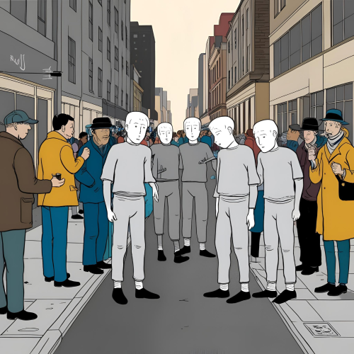 Zīmēts pilsētas ielas skats, kur fonā redzama cilvēku pūļa kustība, bet priek&scaron;plānā stāv vairāki līdzīgi ģērbti, bāli, izteiksmīgi bēdīgi tēli pelēkos apģērbos. Apkārtējie cilvēki, tērpti ko&scaron;ākās krāsās, skatās uz viņiem ar ziņkāri vai nesapratni