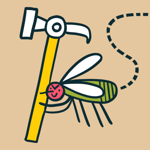 Ilustrācija ar lidojo&scaron;u mu&scaron;u, kuras rokās ir āmurs