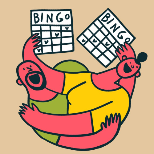 Ilustrācija, kurā vīrietis un sieviete ar bingo kartītēm rokās ir cie&scaron;i apskāvu&scaron;ies un priecājas