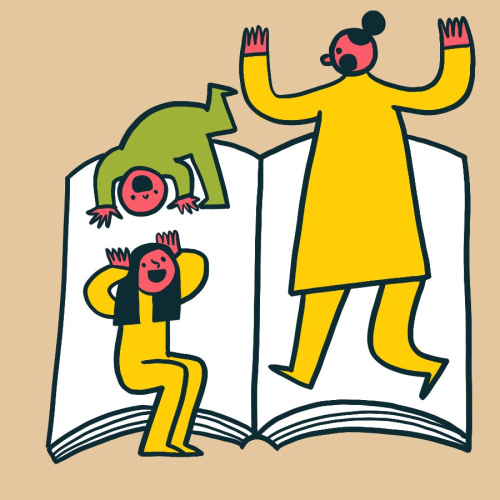 Ilustrācijā uz baltas grāmatas rotaļājas divi dažāda vecuma bērni un mamma piecēlusies kājās mēģina ieviest kārtību, jo ir laiks lasī&scaron;anai