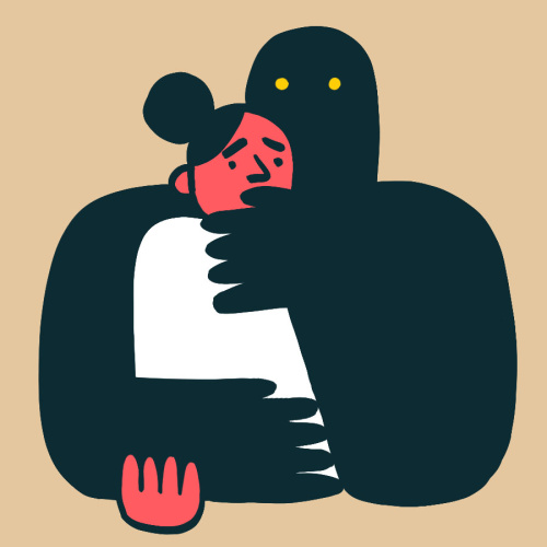 Ilustrācijā melns tēls ir satvēris sievieti no aizmugures, neļaujot tai kustēties un runāt