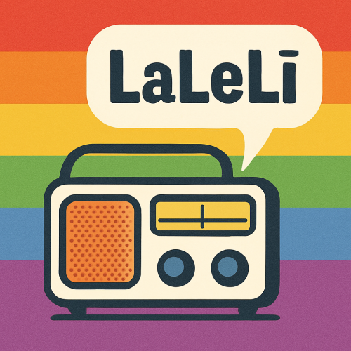 Varavīksnes fons, uz tā retro radio un skaņu burbulis, kurā rakstīts LaLeLī.