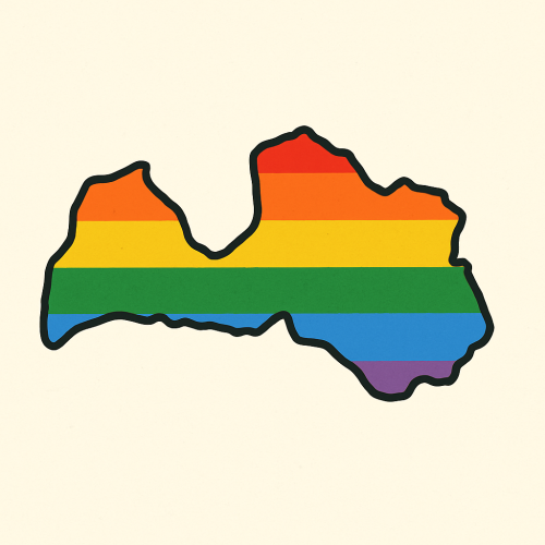 Latvijas kontūra, kas izkrāsota varavīksnes krāsās.