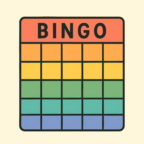 BINGO kartīte, aug&scaron;ā uzraksts BINGO. Kartīte varavīksnes krāsās.