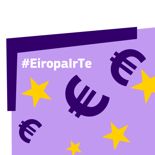 Attēls ar tēmturi "#EiropaIrTe", kas ir izcelts violetā krāsā. Fons sastāv no violetas un tum&scaron;i violetas krāsas kombinācijas ar abstraktiem dizaina elementiem - dzeltenām Eiropas savienības karoga zvaigznēm un tum&scaron;i violetiem eiro naudaszīmes simboliem (&euro;). &Scaron;ie elementi simboliski atspoguļo diskusijas tēmu "Eiropas skaitļu deja "Diskusija par Eiropas Savienības budžetu 2028-2034!"
