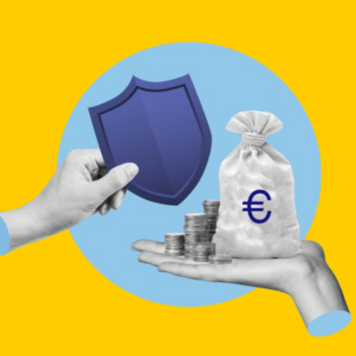 Roku turēts vairogs un eiro maisiņ&scaron;, simbolizējot ekonomisko dro&scaron;ību.