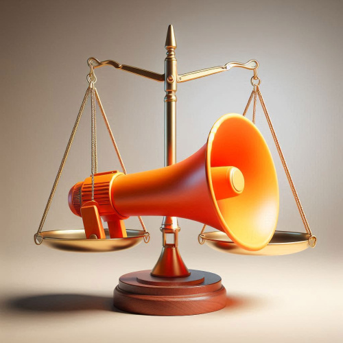 Uz galda stāv svari un vienā no svaru kausiem ir oranžs rupors.