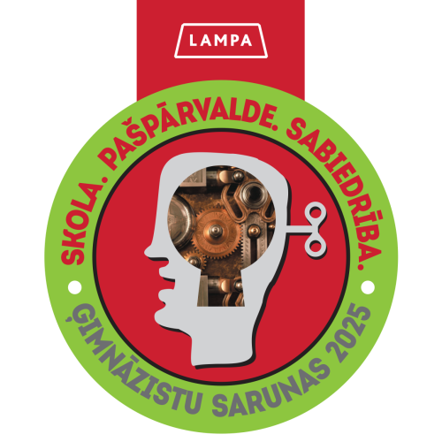 Uzraksts sarkaniem burtiem zaļā aplī, centrā pelēka galva ar atslēgu pakausī, un zobratiņi, kas griežas galvā.