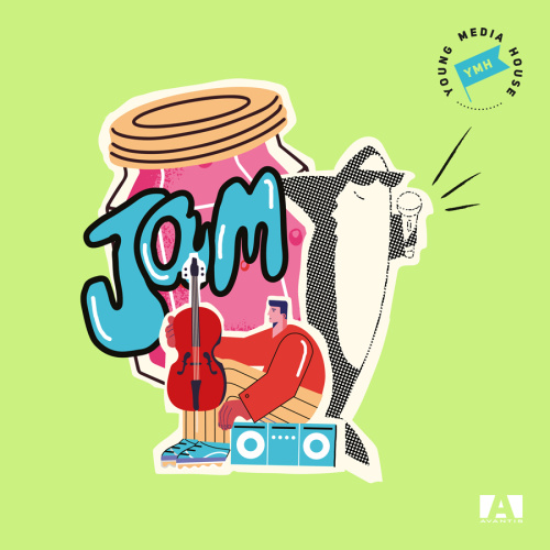 Grafisks mākslas darbs ar ko&scaron;i zaļu fonu, uz kura kolāžas veidā attēlota ievārījuma burka, teksts "JAM",  grafisks cilvēks, kas tur rokās vijoli un sēž uz deviņdesmito gadu magnetafona, un grafiski stilizēta haizivs ar saulesbrillļem, kas tur rokā mikrafonu.