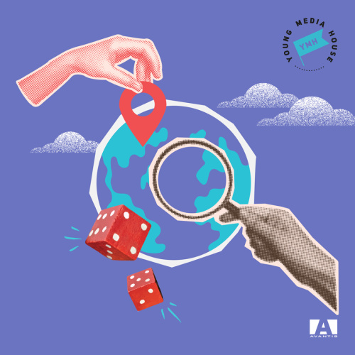 Grafisks mākslas darbs ar violetu fonu un melnbaltiem mākonī&scaron;iem, uz kura kolāžas veidā attēlota zemeslode, roka, kas tur lokācijas punktu, divi sarkani metamie kauliņi, kā arī melnbaltu roku, kas tur lupu pret zemeslodi.