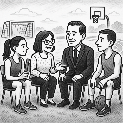 Karikatūras stilistikā, četri cilvēki sēž un sarunājas, aizmugurē futbola vārti un basketbola grozs.
