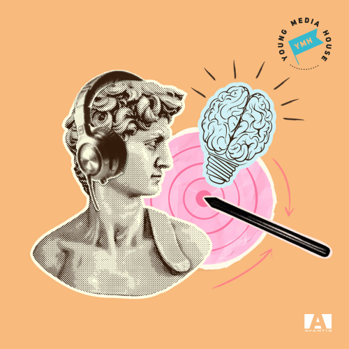 Grafisks mākslas darbs ar oranžu fonu, uz kura kolāžas veidā attēlota melnbalta statujas galva ar austiņām, rozā &scaron;autriņu mērķi un melnu zizli, kā arī melnbaltu spuldzi, kuras stikla kupols ir smadzeņu formā.