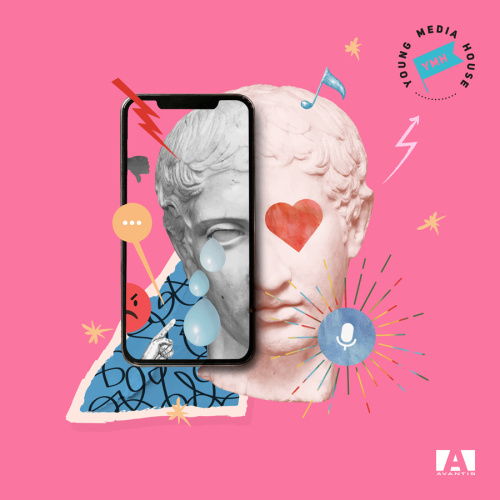 Grafisks mākslas darbs ar ko&scaron;i rozā fonu, uz kura kolāžas veidā attēlota statujas galva, kura pa pusei ir nosegta ar mobilā telefona rāmi. Gan mobilajā telefonā, gan ap statujas galvu attēlotas dažādas sociālo mediju ikonas un simboli - kā, piemēram, nots, mikrafons, "speech bubble".