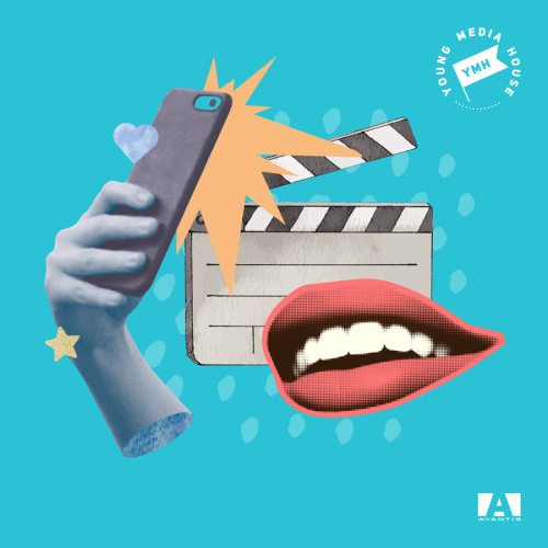 Grafisks mākslas darbs ar tirkīzzilu fonu, uz kura kolāžas veidā aplī attēlota roka, kas tur telefonu un taisa smaido&scaron;as mutes selfiju ar zibspuldzi, fonā kino klapīte.