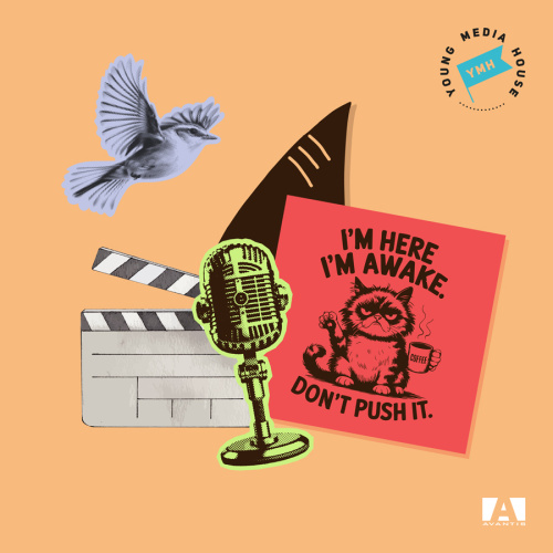 Grafisks mākslas darbs ar oranžu fonu, uz kura kolāžas veidā attēlota klapīte, 1940.gadu mikrafons, haizivs spura, lidojo&scaron;s kolibri un kartīte sarkanā krāsā, uz kuras ir uzzīmēts sapīcis kaķis ar tekstu angļu valodā "I'm here. I'm awake. Don't push it."