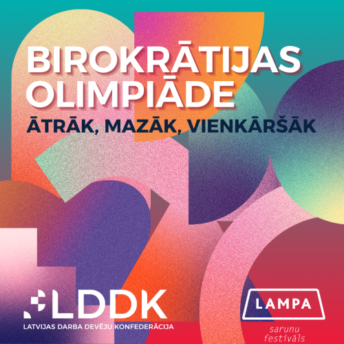 Diskusijas nosaukums, LDDK logo, krāsainas ģeometriskas figūras.