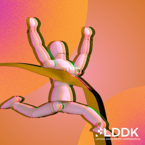 Diskusijas nosaukums, LDDK logo, skrieno&scaron;a cilvēka siluets, kas fini&scaron;ē.