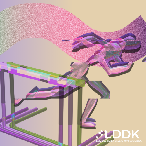 Diskusijas nosaukums, LDDK logo, skrieno&scaron;s siluets un barjeras.