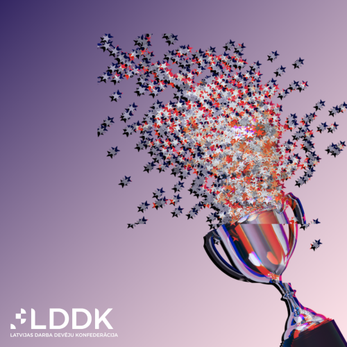 Diskusijas nosaukums, LDDK logo, uzvaras kauss no kura ārā lido konfetī.