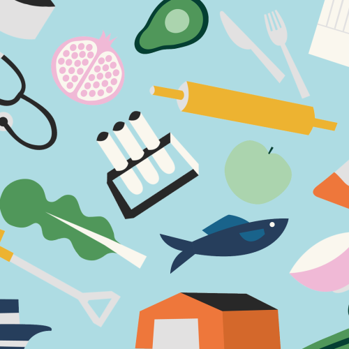 Attēlā redzami dažādi zīmēti objekti uz gai&scaron;i zila fona: ēka, mīlas rullis, ābols, stetoskops, koks, lāpsta, zivs, avokado, dak&scaron;a un nazis, uz pusēm pārgriezts granātābols, mēģenes