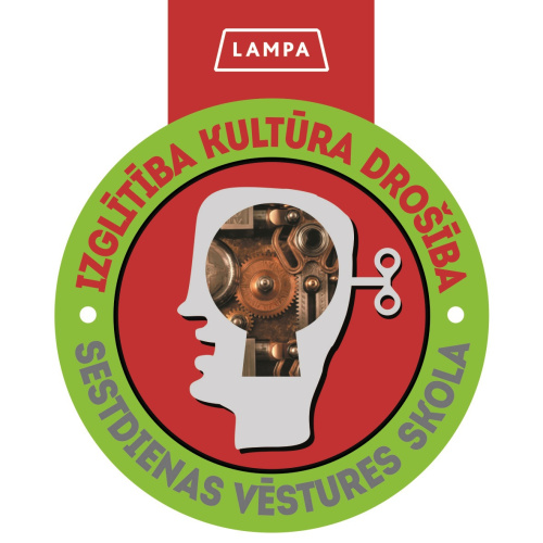 sarkani uzraksti zaļā aplī
centrā zobrati galvā
un atslēga pakausī