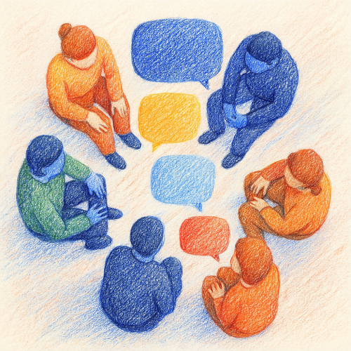 Se&scaron;i cilvēki sēž aplī un sarunājas, vidū runas burbuļi, kas simbolizē dialogu.